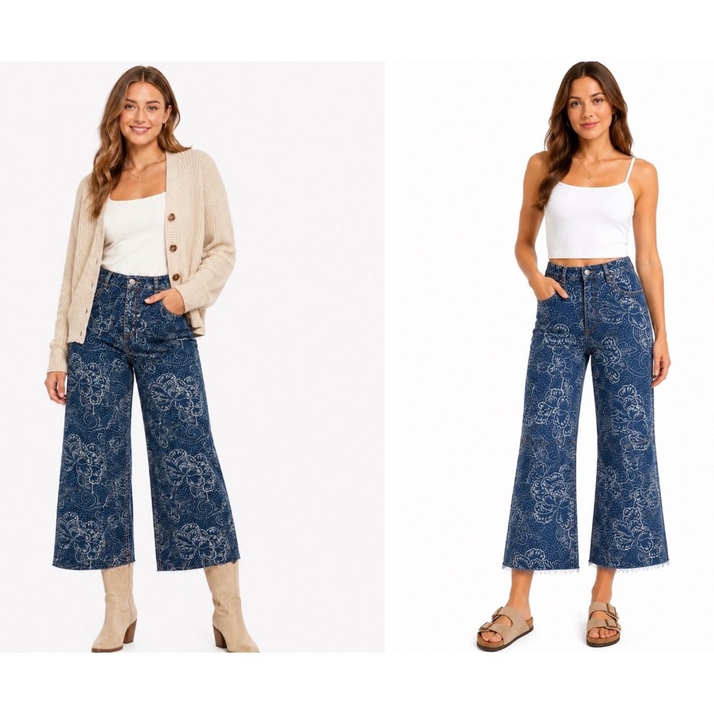 Free People We The Free Floral Wide Leg Crop Jeans Blue Indigo Size 32 High Rise